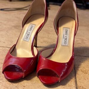 Jimmy Choo Red Patent Peep-Toe Heels